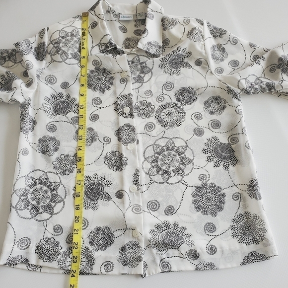 1205 * Haband Floral Print Button Down White Black Size M Vintage 80s - Picture 5 of 6